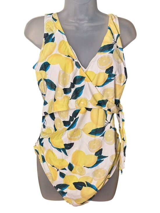 Tempotrek Other - Lemon Print One‑Piece Swimsuit LG Wrap Tie V Neck Ruched Sides Lined